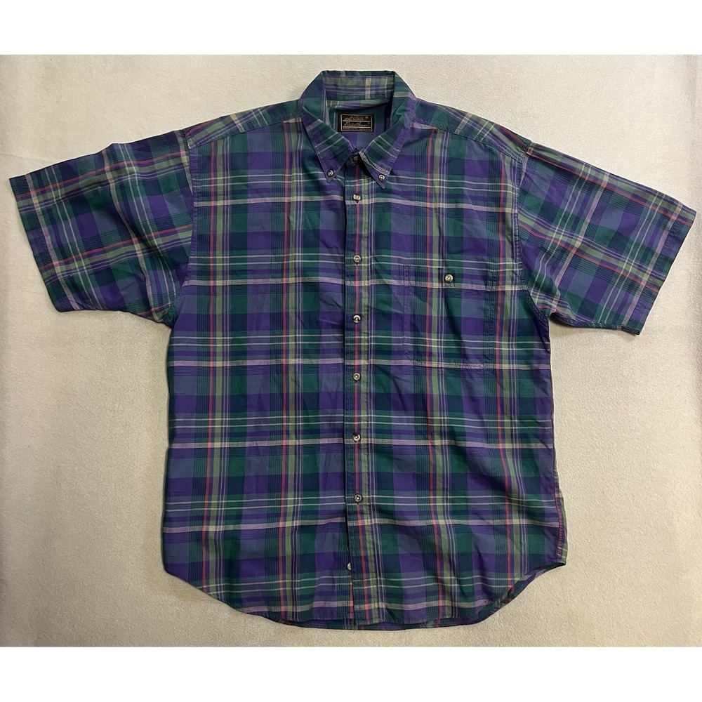 Vintage Eddie Bauer Shirt Men's Size XL Purple Green Plaid Button Down Woven